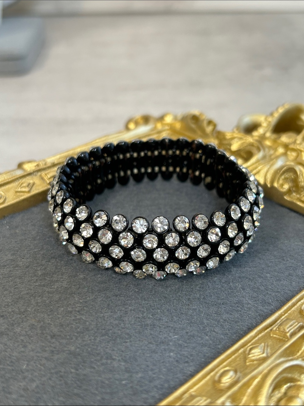 J. Crew Black Stretch Bracelet with Clear Crystal Rows